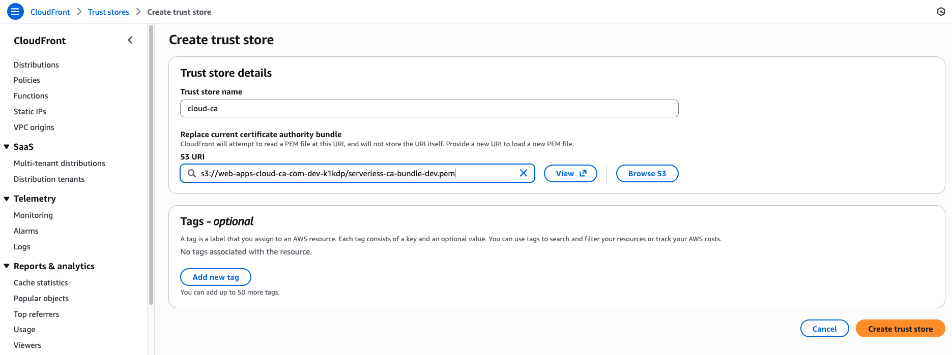 Create CloudFront Trust store configuration Alt text