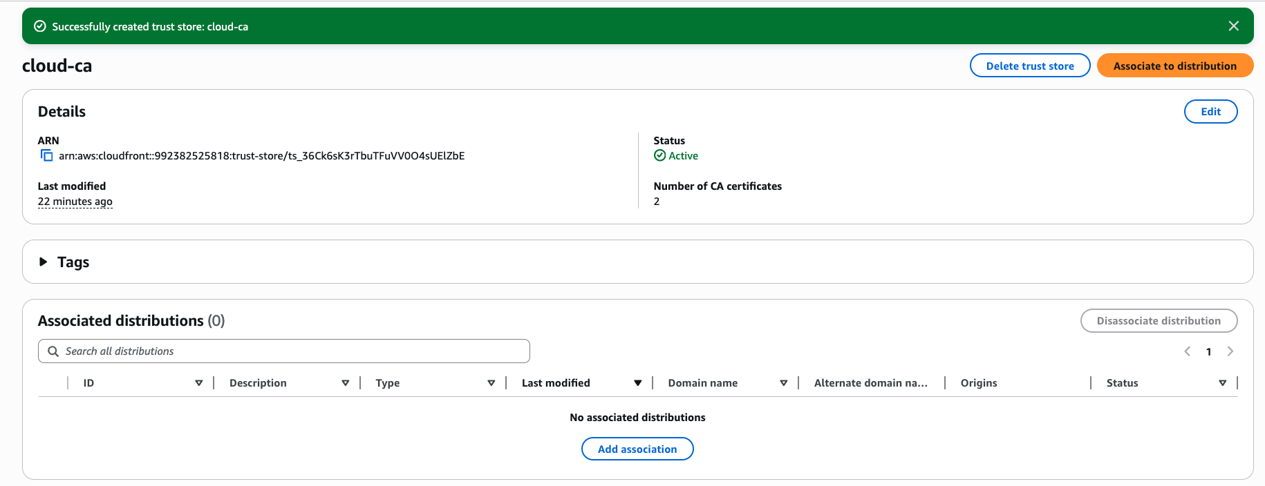 CloudFront Trust store successfully created Alt text
