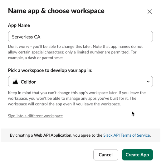 Slack app name and workspace