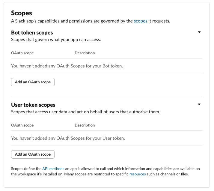 Slack OAuth initial scopes